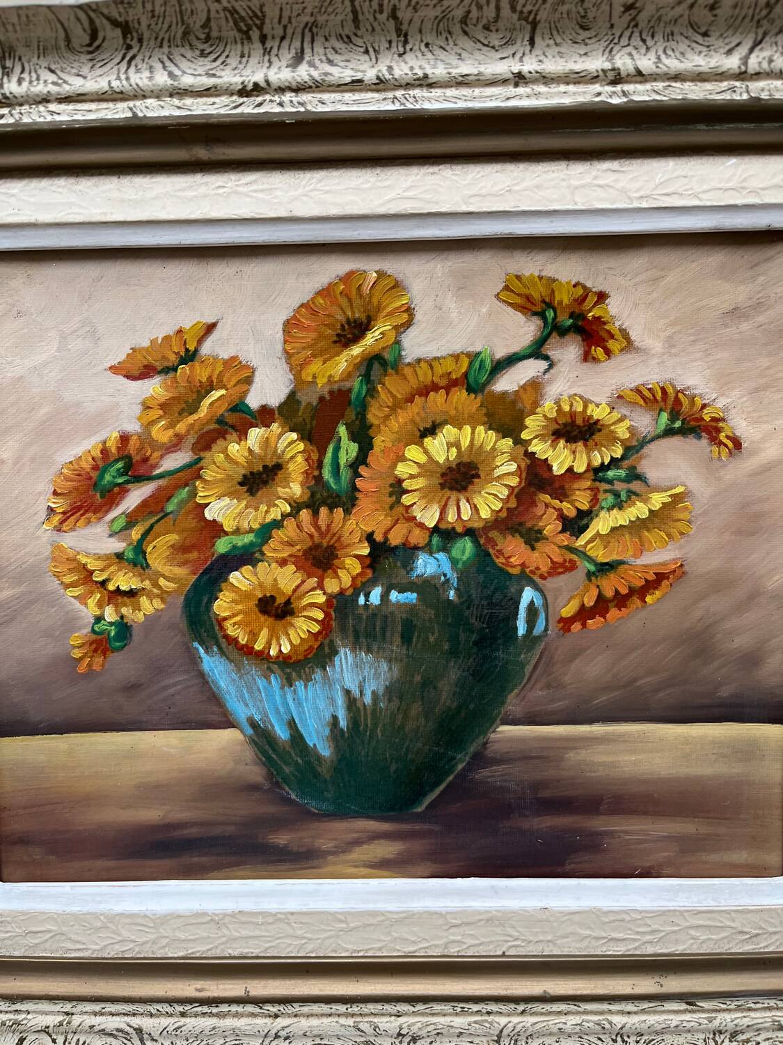 Huile « bouquet fleurs orange » encadrée