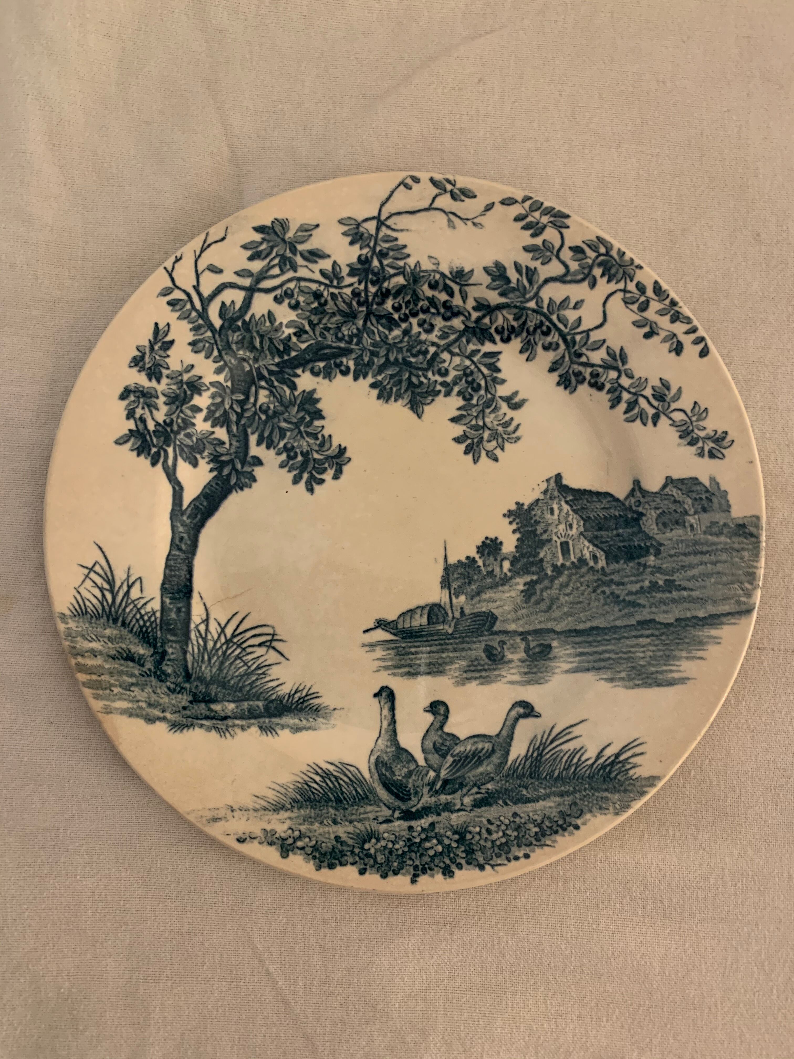 9 dessert plates old chickens, geese and pheasants blue field service Terre de Fer