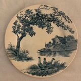 9 dessert plates old chickens, geese and pheasants blue field service Terre de Fer