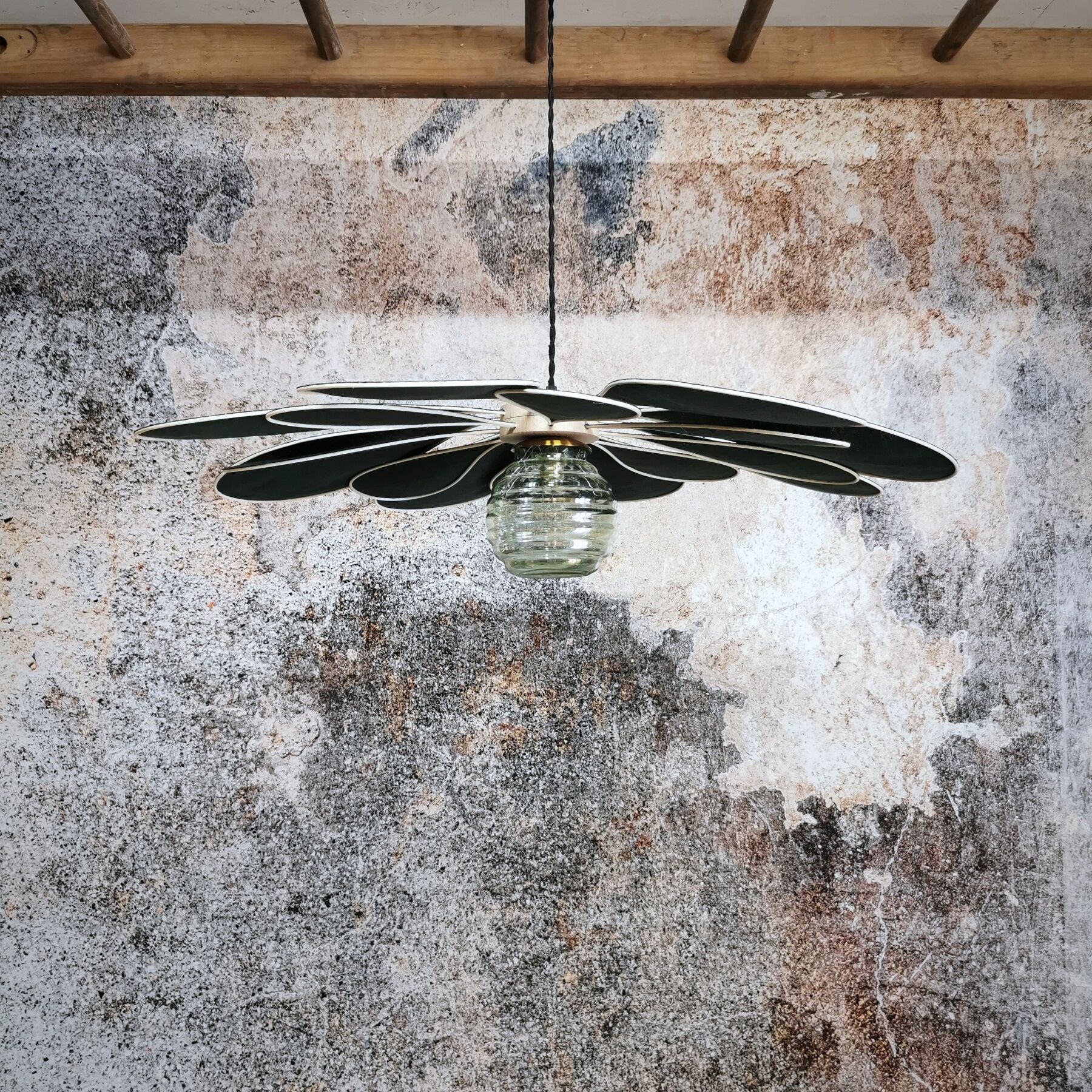 Suspension linen green fir, rattan and old vintage globe