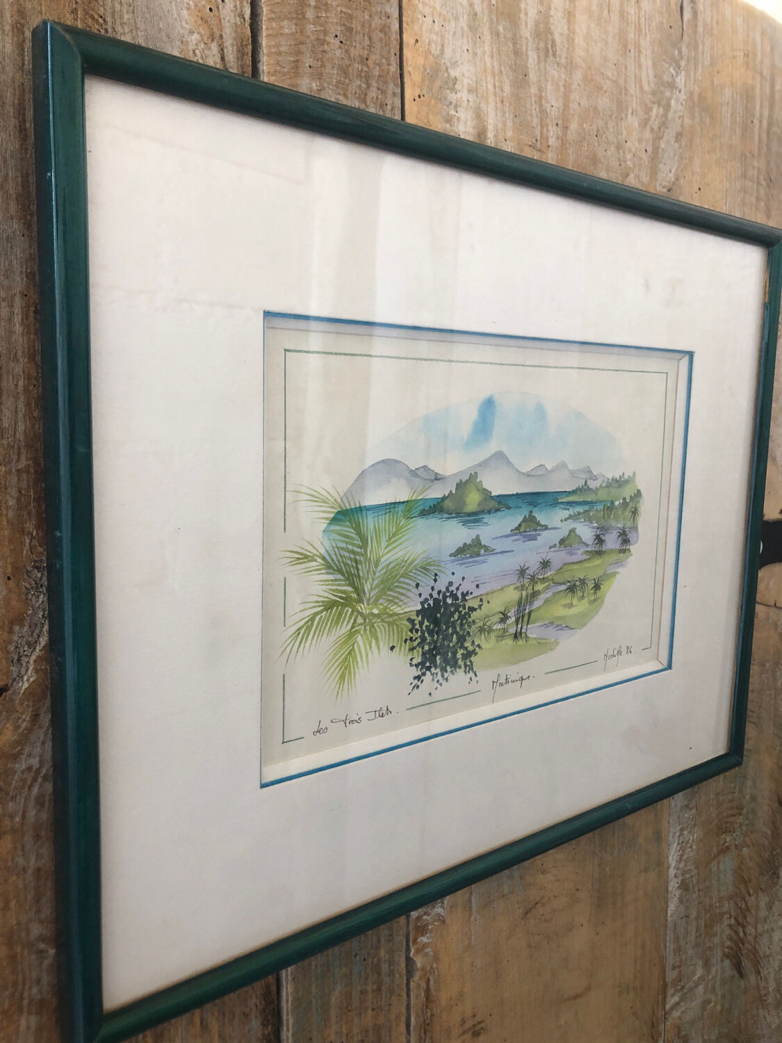 Watercolor painting nadine martinique the three islets + wood frame #a223