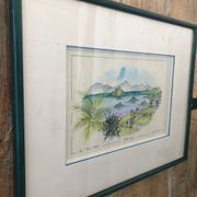 Watercolor painting nadine martinique the three islets + wood frame #a223