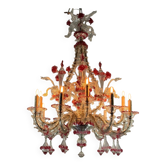Lustre vénitien Rezzonico en verre de Venise incolore et rouge vers 1920