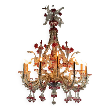 Rezzonico Venetian chandelier in colorless and red Venetian glass, circa 1920