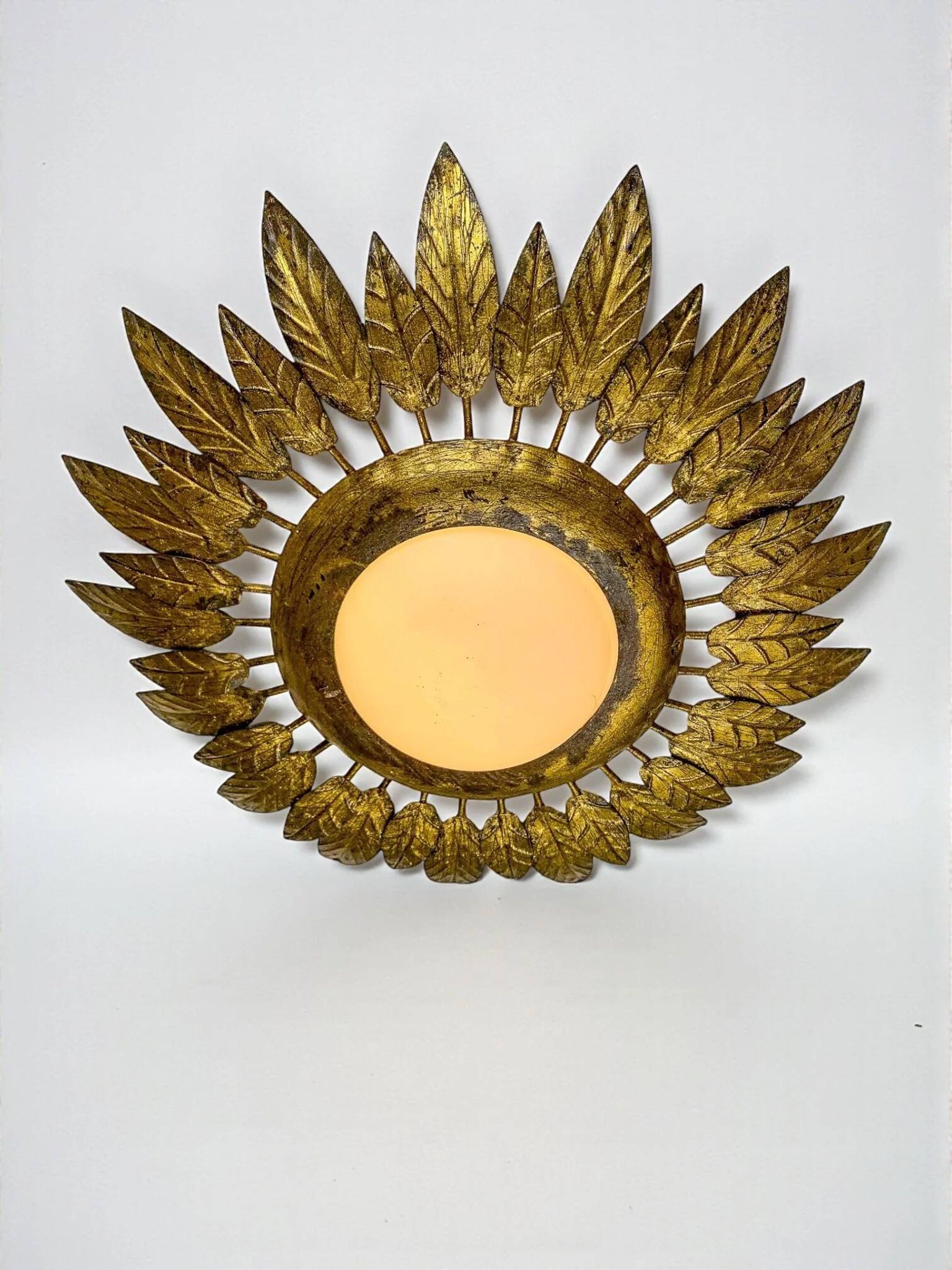 Spanish sunburst ceiling light – opaline glass & gilt iron foliage, 1960s