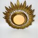 Spanish sunburst ceiling light – opaline glass & gilt iron foliage, 1960s