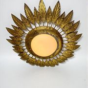 Spanish sunburst ceiling light – opaline glass & gilt iron foliage, 1960s