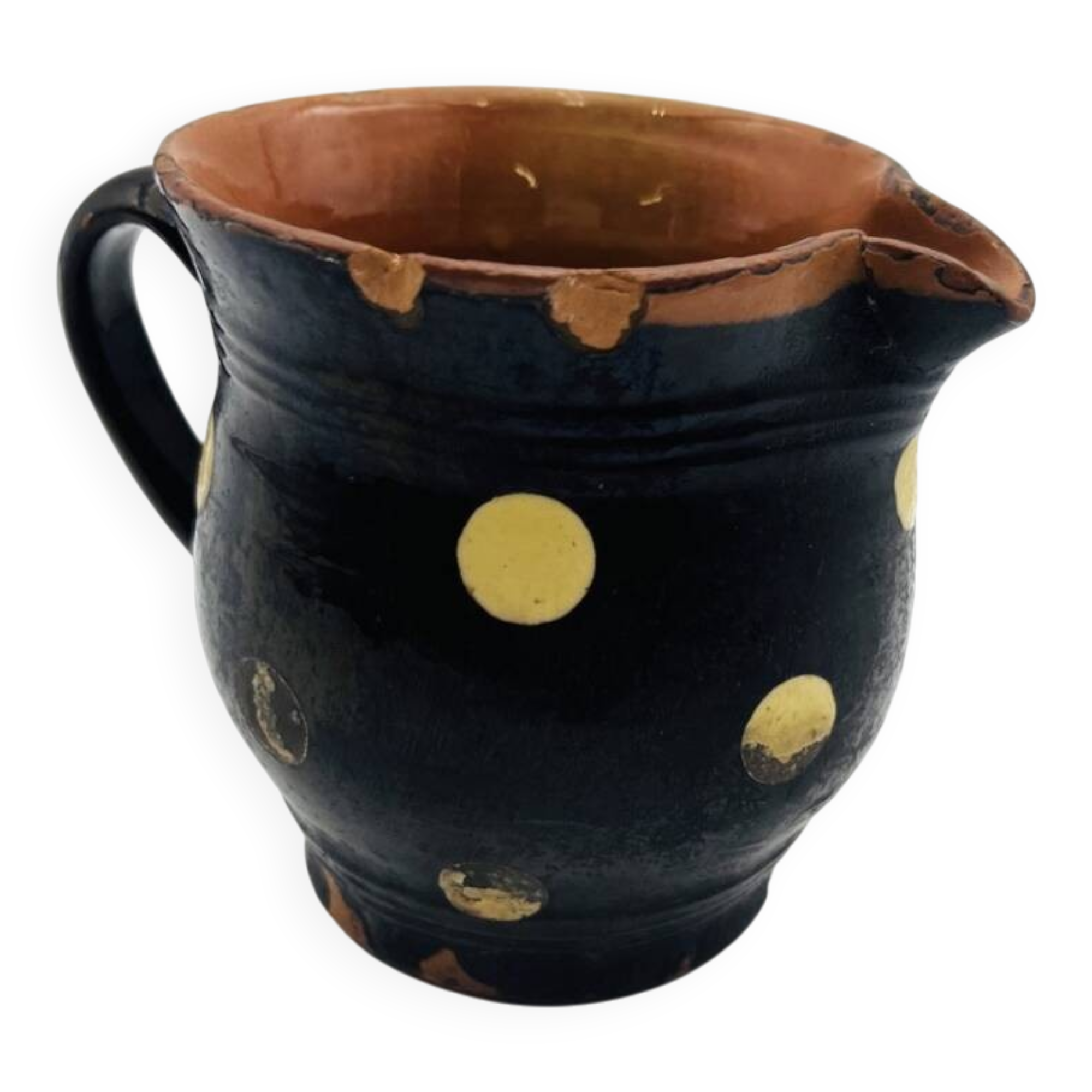Petit pichet savoyard en terre cuite vernissée noir à pois - 637010