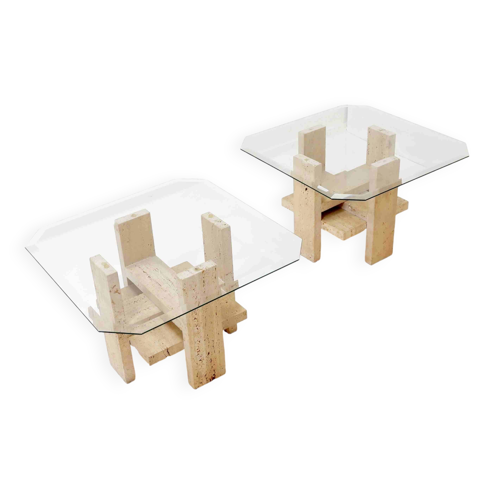 Pair of Travertine and Glass End Tables by Willy Ballez, Belgium 1970s
