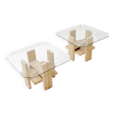 Paire de tables d'appoint en travertin et verre par Willy Ballez, Belgique, années 1970