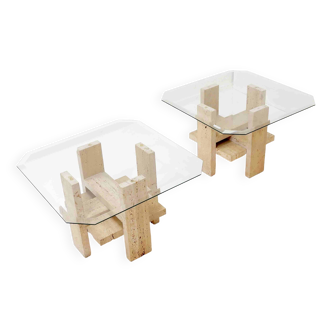 Pair of Travertine and Glass End Tables by Willy Ballez, Belgium 1970s
