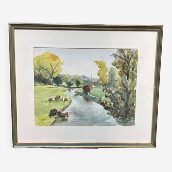 Watercolor by A.Druaux "La Risle en pays d'Ouche".