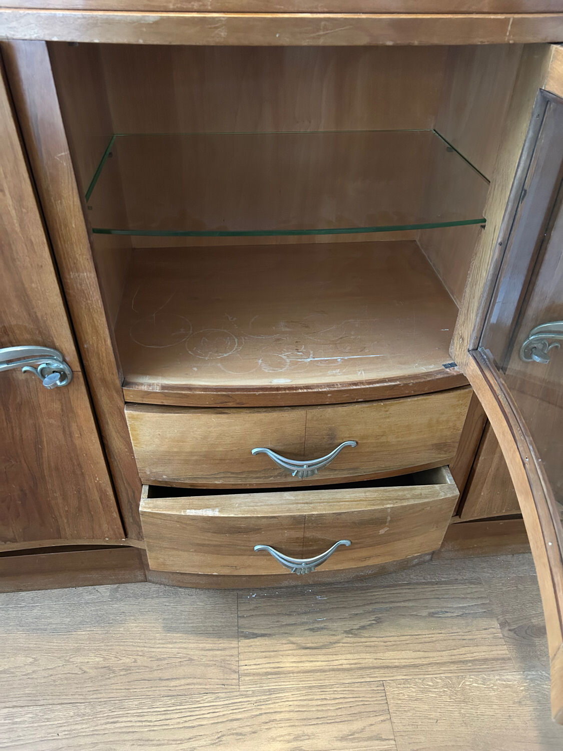 Art deco walnut grand buffet with display cabinet.