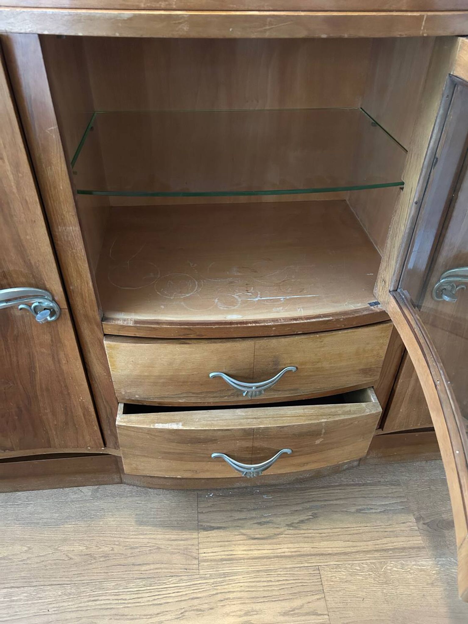 Art deco walnut grand buffet with display cabinet.