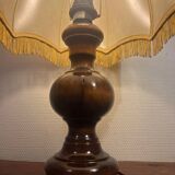 Solid wood floor lamp with 50s fabric and leather shade