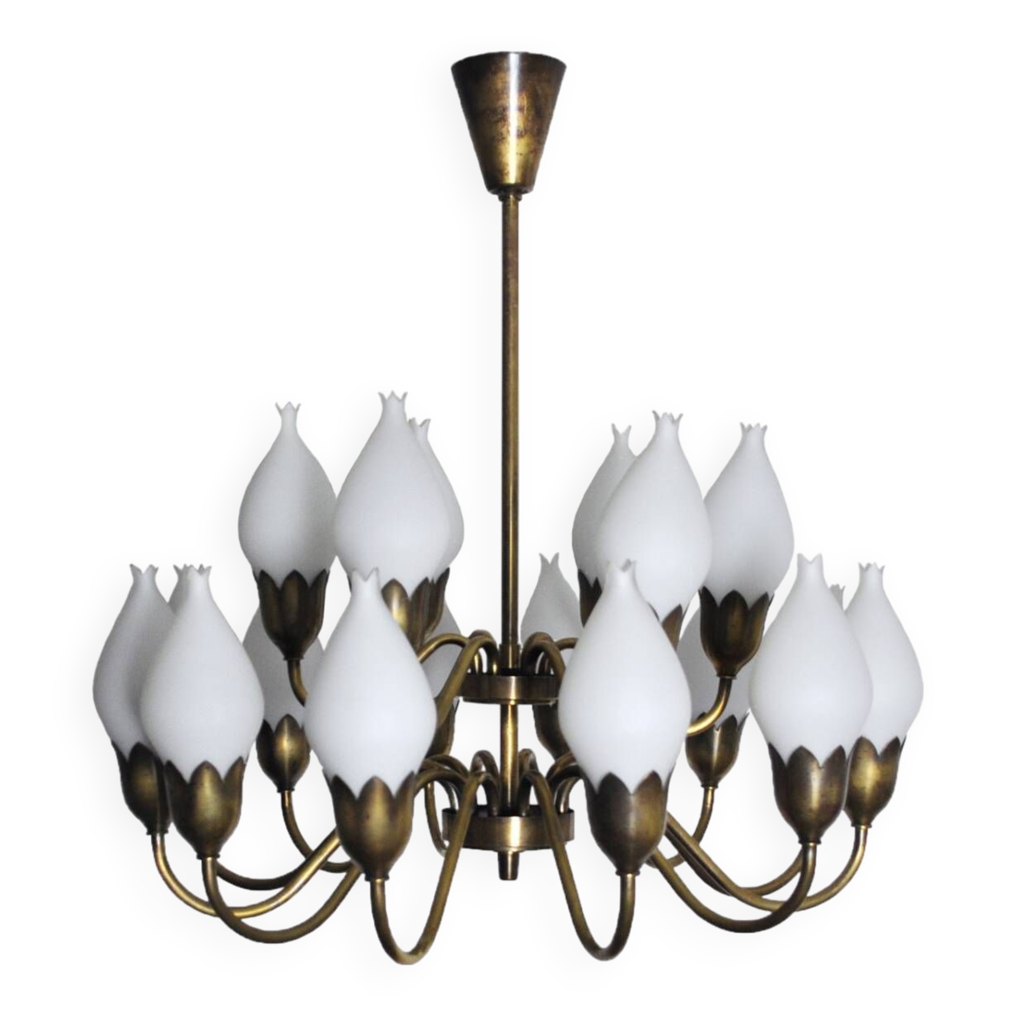 Fog & Mørup 18-Arm Brass and Opaline Glass Tulip Chandelier