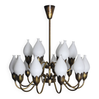 Fog & Mørup 18-Arm Brass and Opaline Glass Tulip Chandelier