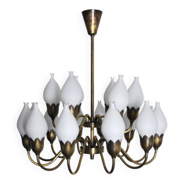 Fog & Mørup 18-Arm Brass and Opaline Glass Tulip Chandelier