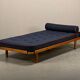 Scandinavian Daybed in Oak and dark Blue bouclé fabric with Leather accents