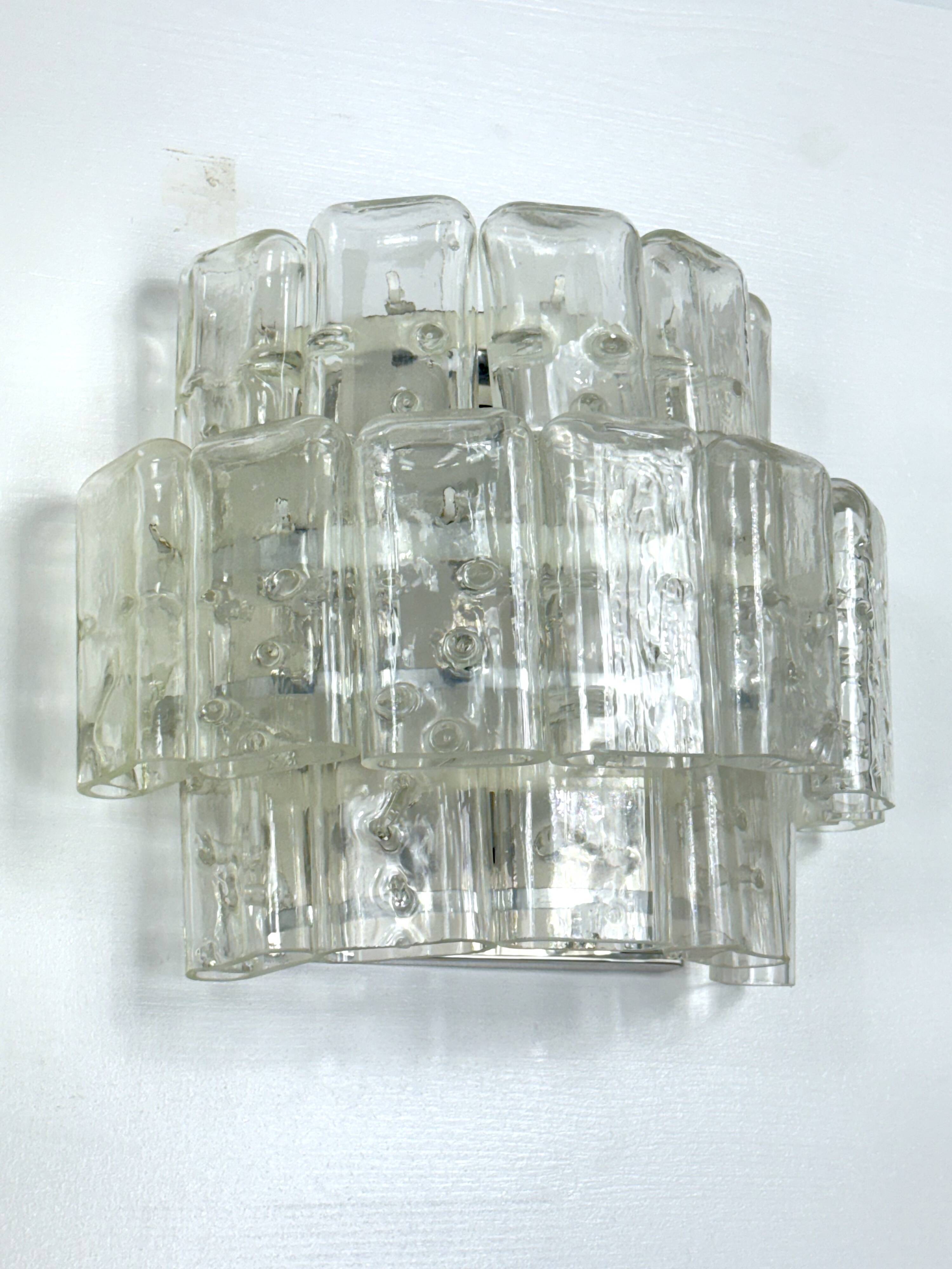 Vistosi manner, set of four large clear murano glass elements sconces. Italy 1970s