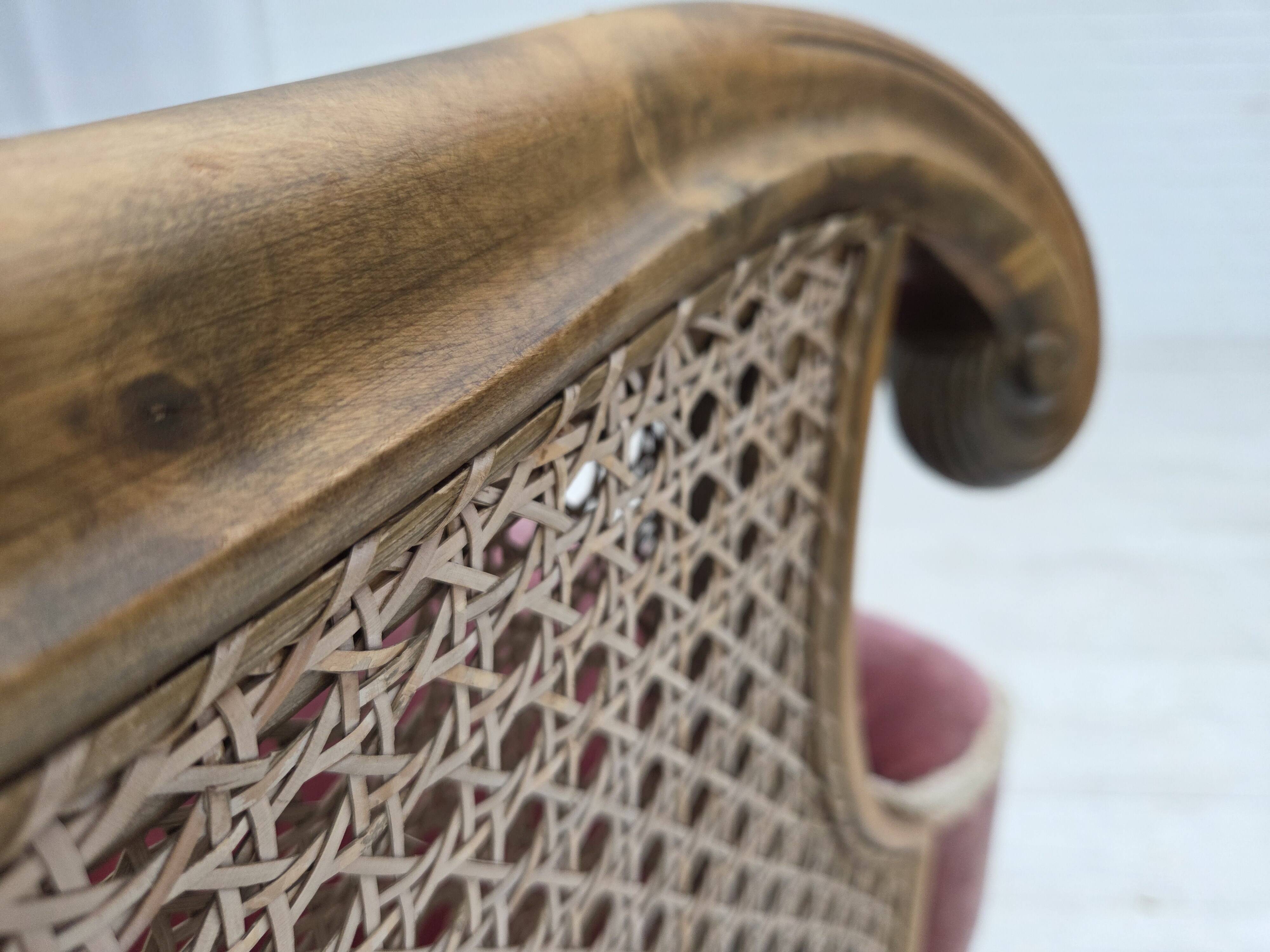 1940s, Danish armchair, woven wool, velour, mesh, carved oak wood.