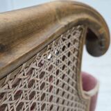 1940s, Danish armchair, woven wool, velour, mesh, carved oak wood.