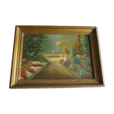 Tableau huile sur bois vue de parc