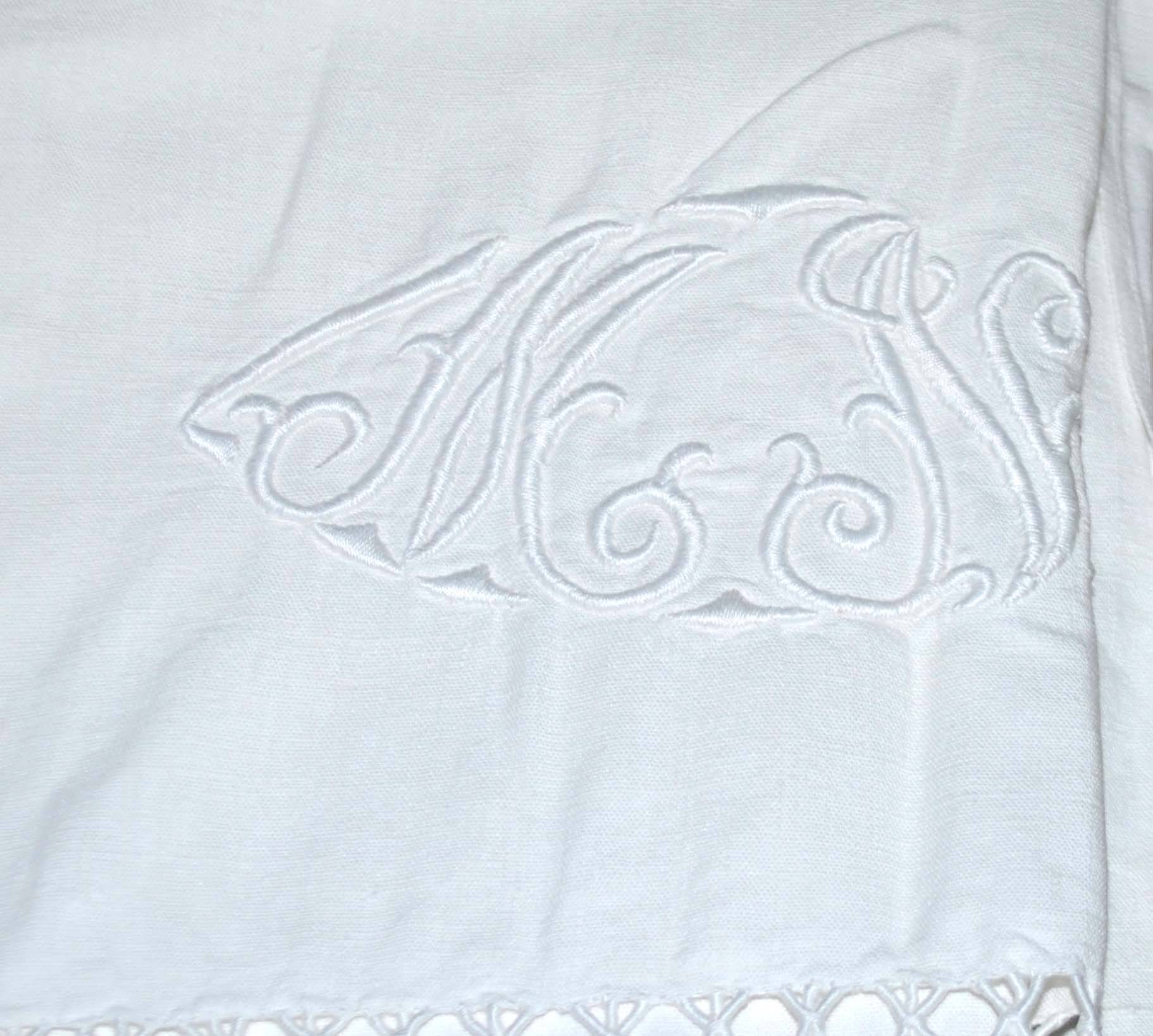 Old linen tablecloth with MN monogram and openwork 230x250cm *M7*