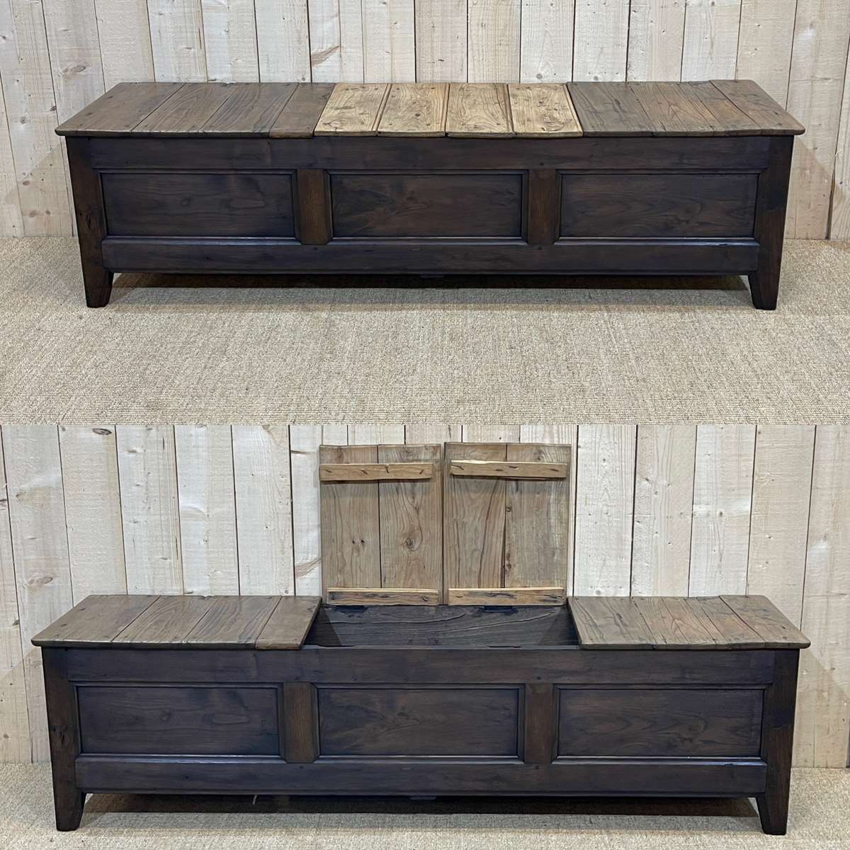 Banc coffre breton XIXème en orme et châtaignier
