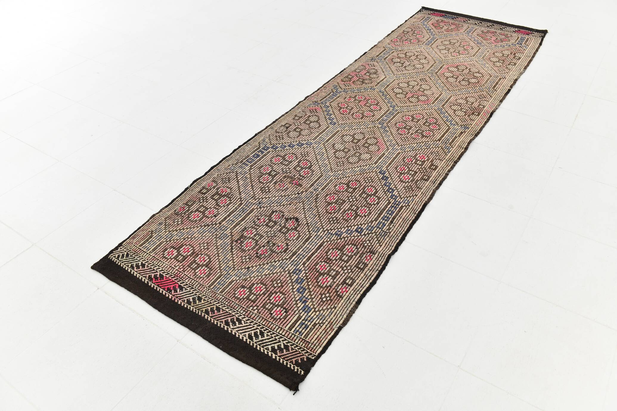 Blue Cream Persian Kilim Runner Rug, 95x313Cm