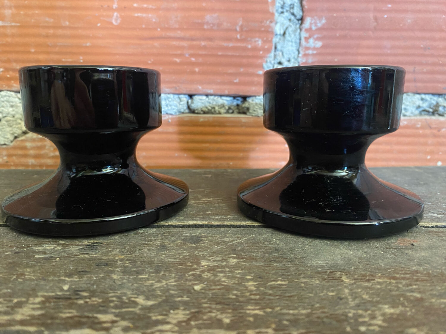 Pair of Vintage 1970s Space Age Black Opaline Candle Holders