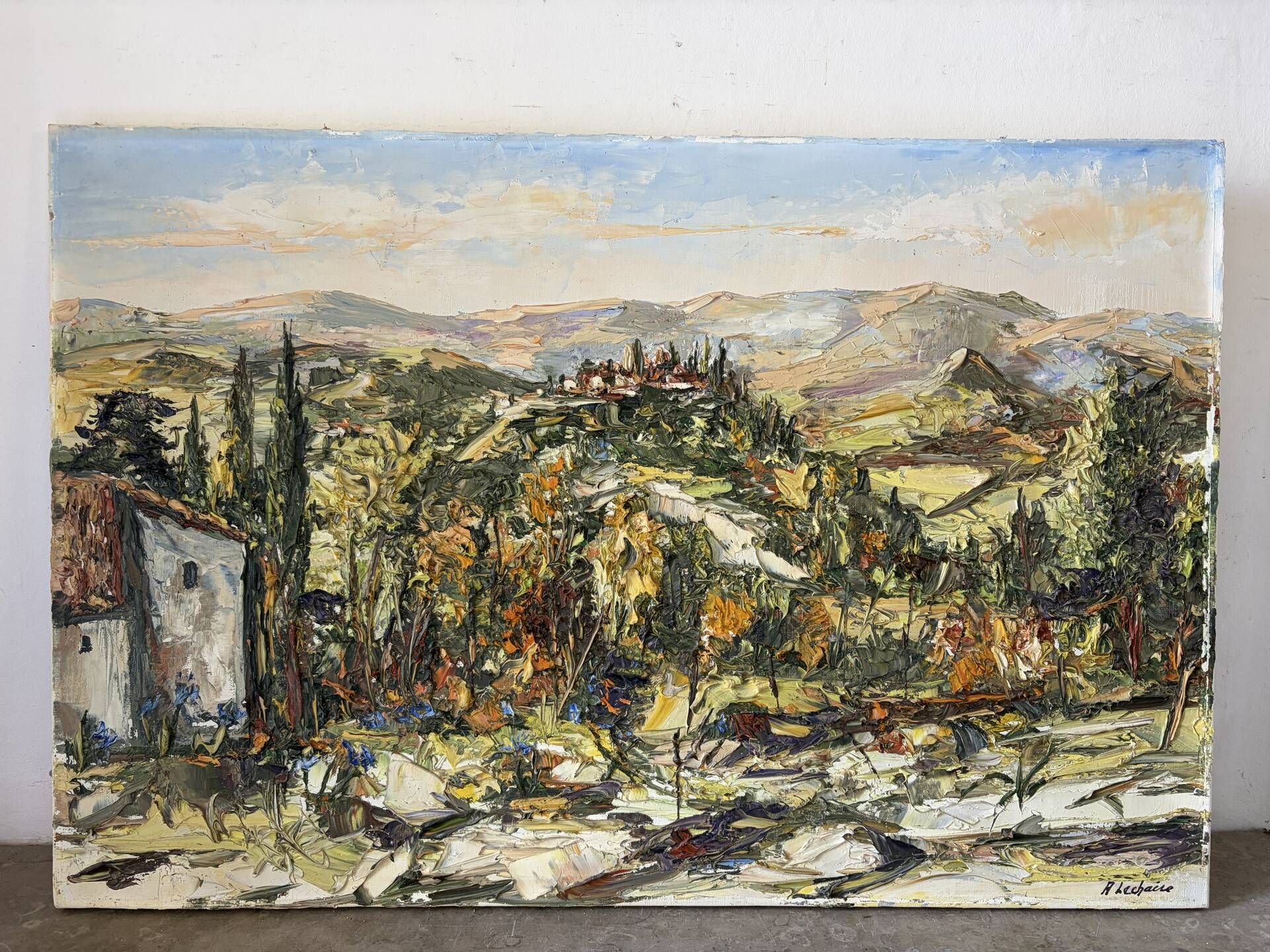 Provençal village landscape, knife oil painting signed René Lechair.