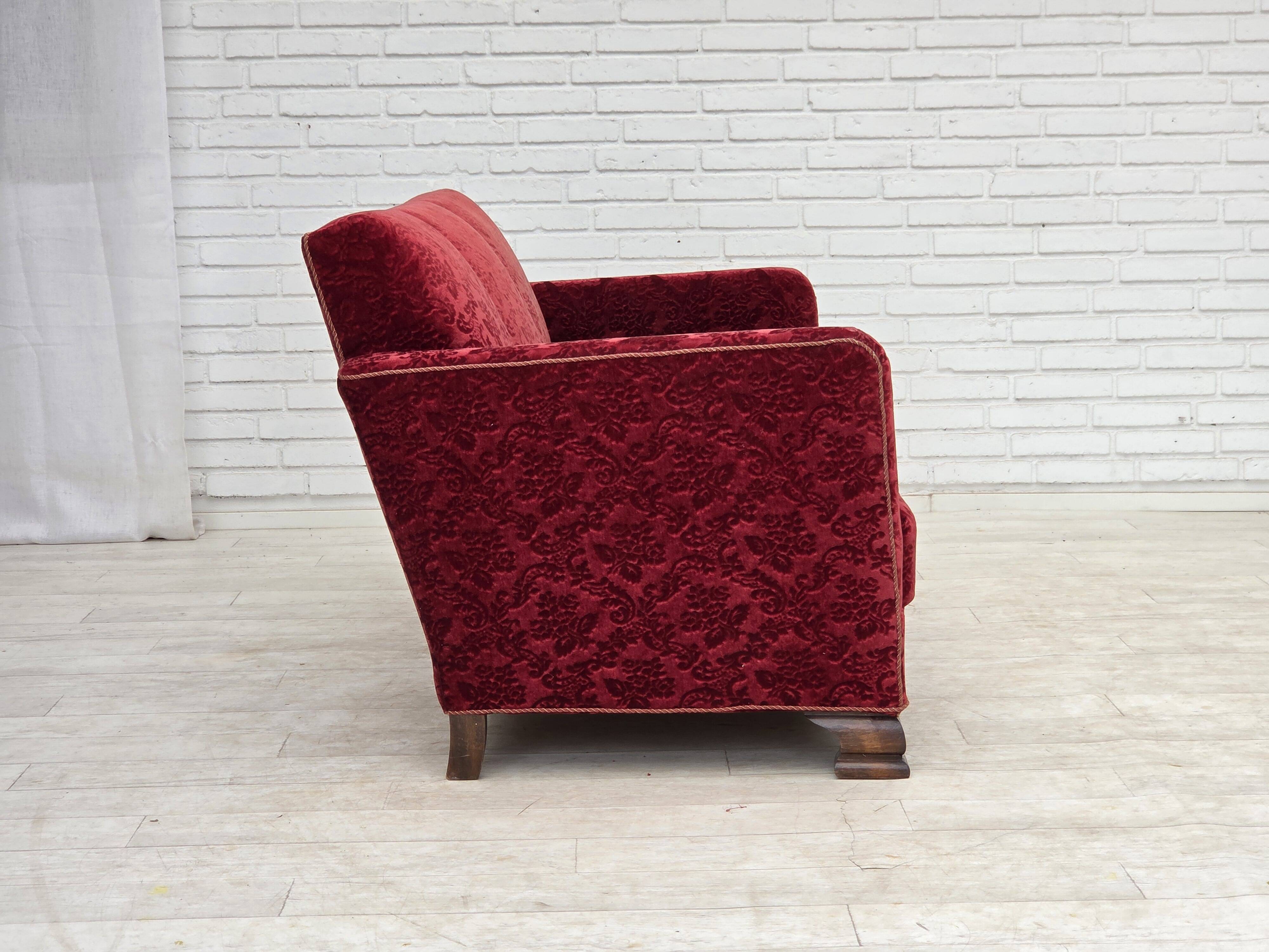 1950s, Danish 3-seater sofa, furniture velour, oak wood.