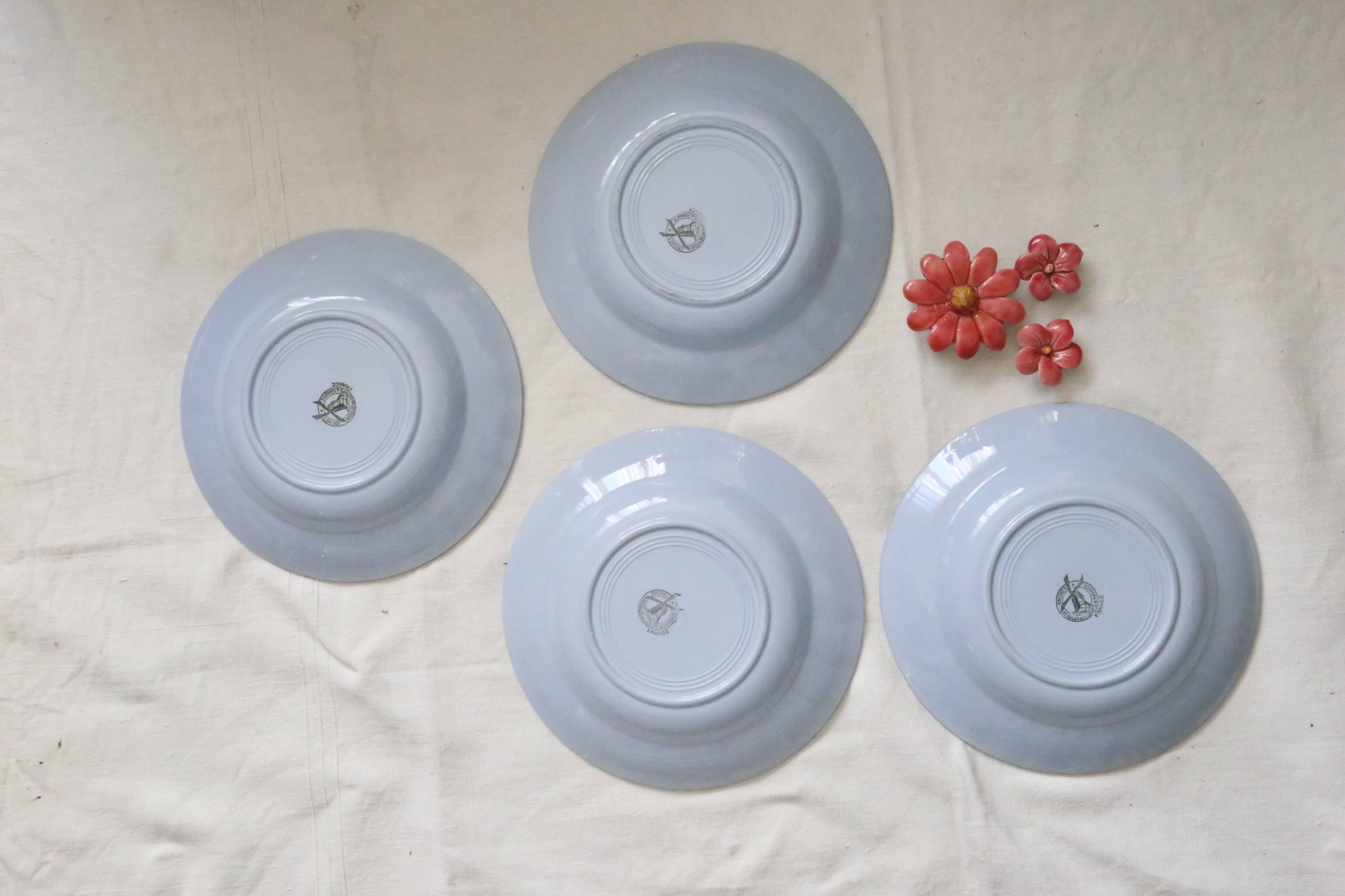 Set of 4 Moulin des Loups soup plates, vintage French, rustic