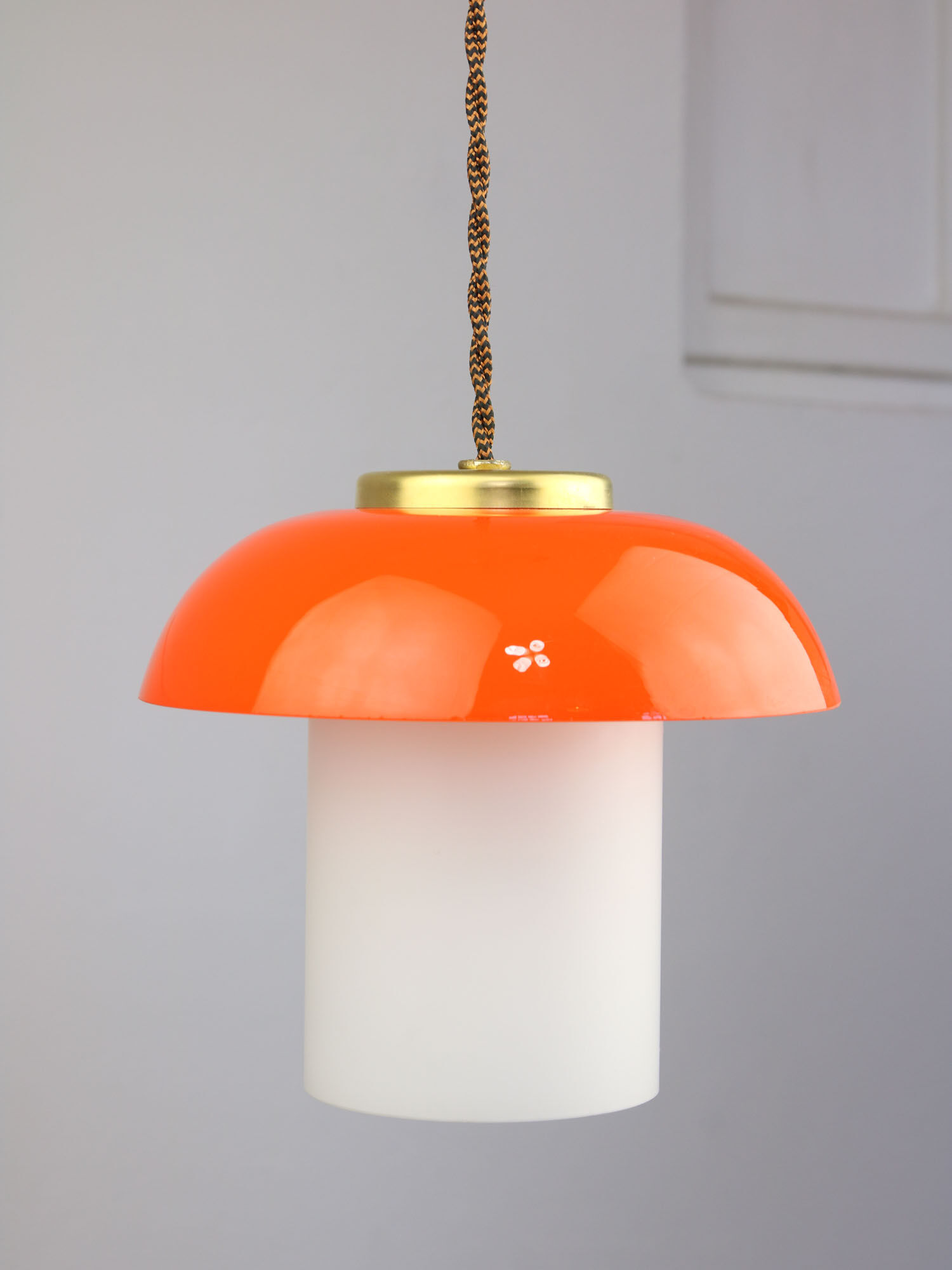 Mid-century orange glass & brass mushroom pendant lamp