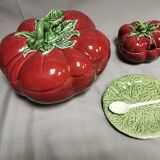Vintage soup tureen + Trompe l'oeil sauce boat, majolica tomato shape