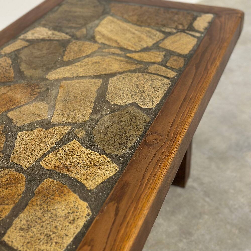 Vintage brutalist stone mosaic coffee table – solid wood, 1970s