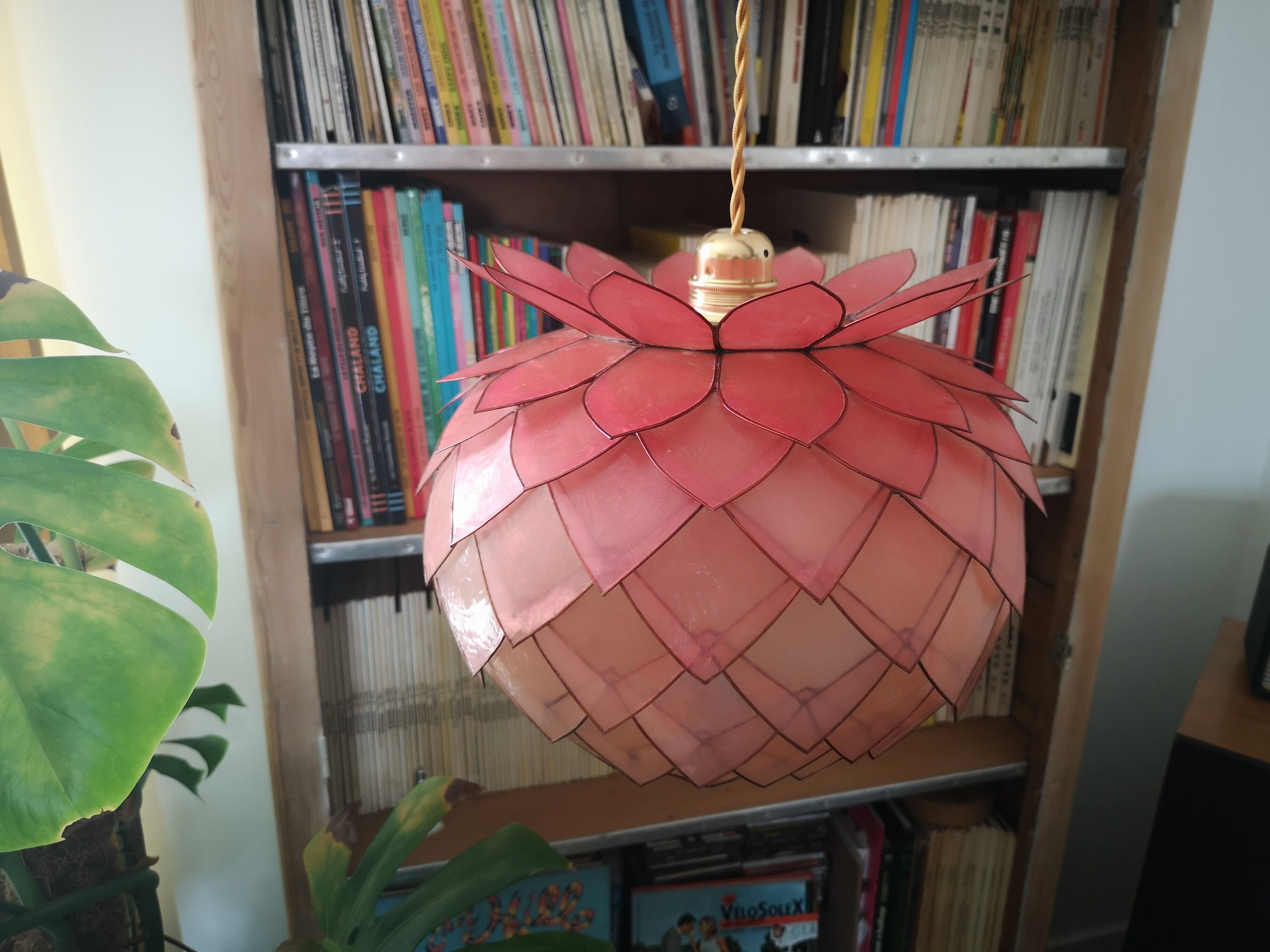 Vintage hanging lamp mother-of-pearl lotus flower and rose-degrading brass