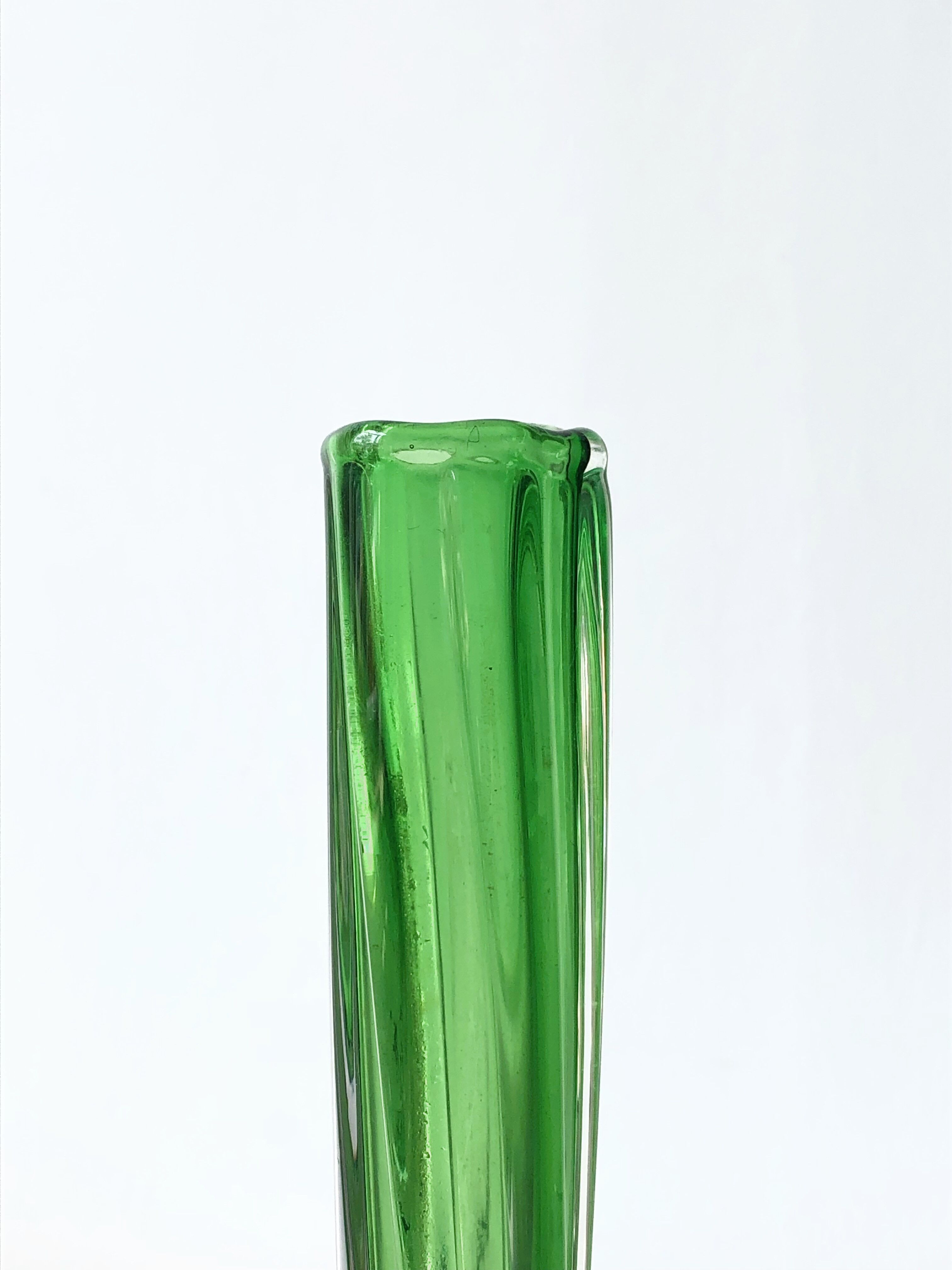 Translucent glass soliflora, long spiral twisted vase with flower-shaped foot