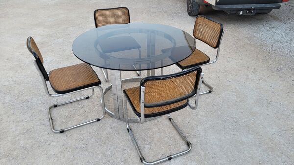 Table design ronde en verre et acier chromé par Vittorio Introini pour Saporiti, italy 1970