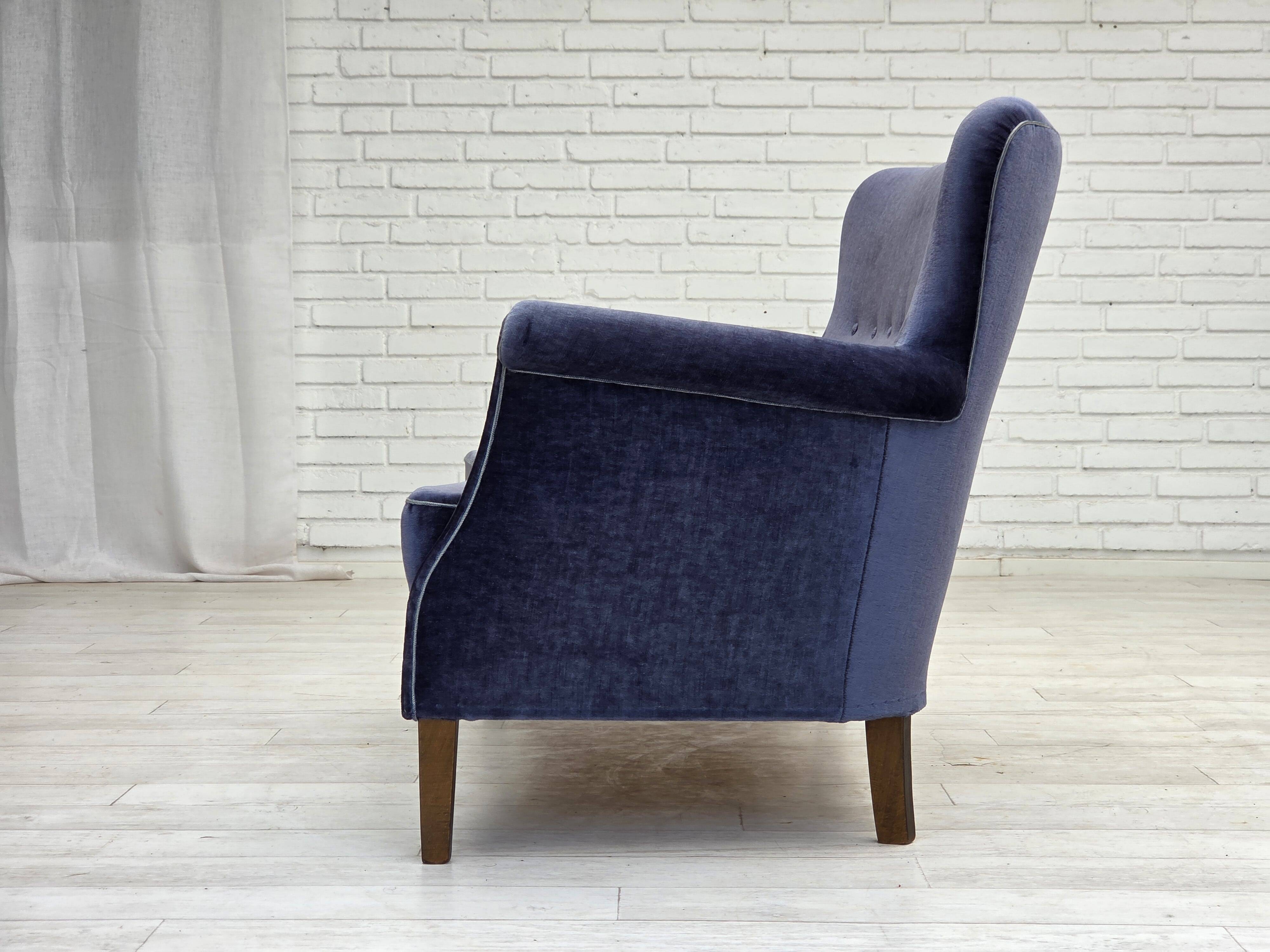 1960s, Danish 2-seater sofa, original blue furniture velour, beech wood.