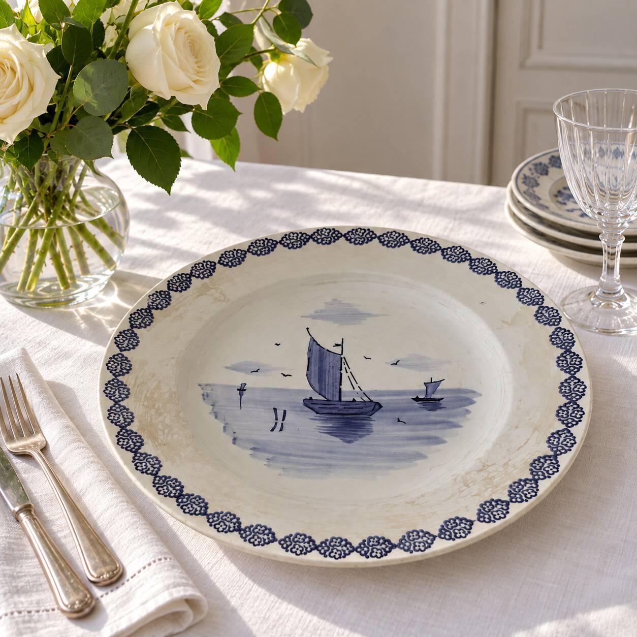 Large antique dish with a sailing boat design – signed A. Lebacqz & M. Bouchart