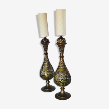 Pair of Oriental lamps carved brass