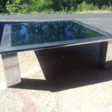 Coffee table square in chromed steel and mirror blue around 1970