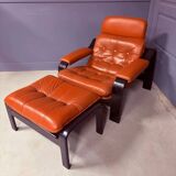 Vintage 1970s armchair with ottoman, leather and wood