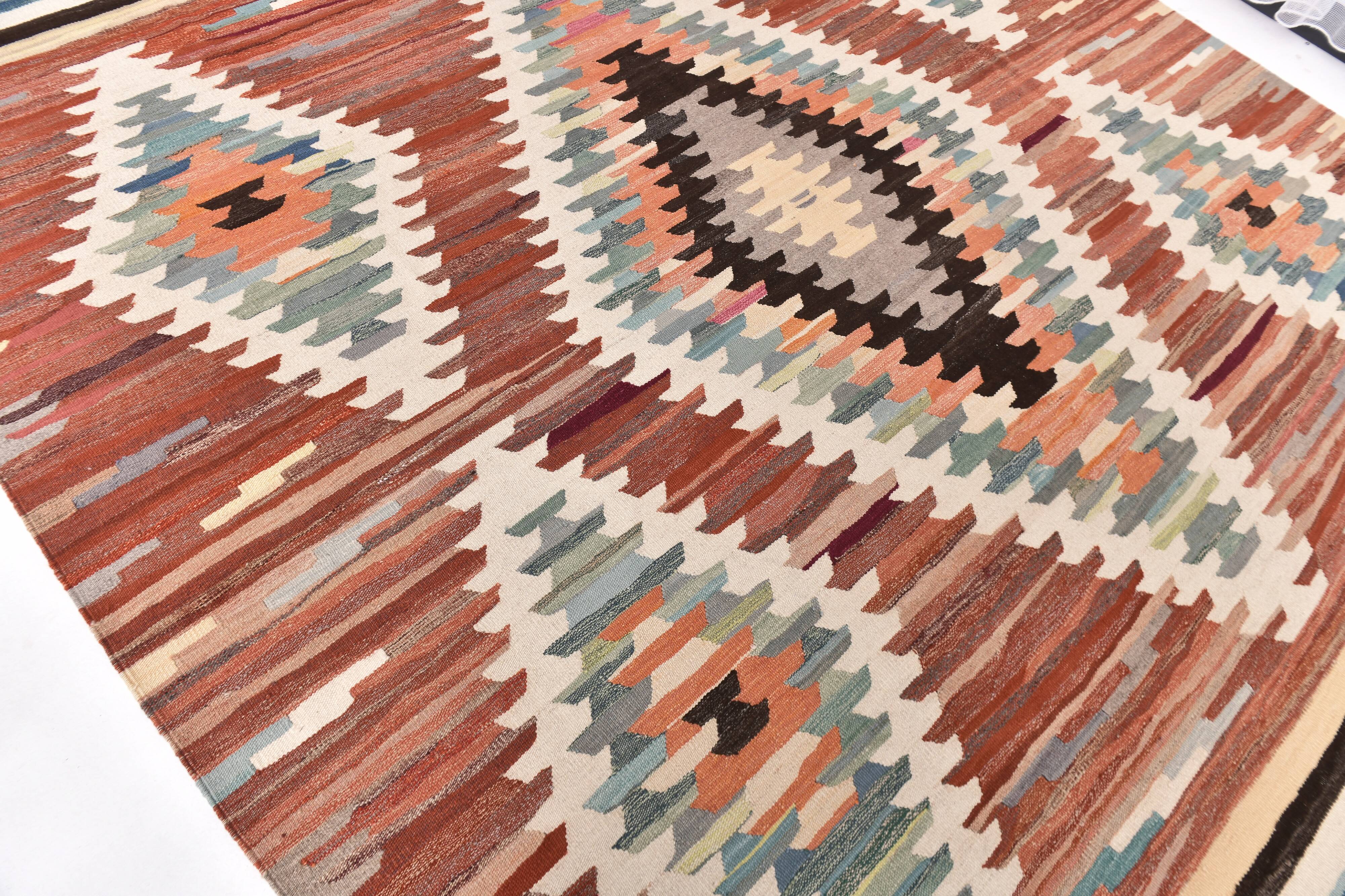 Large Woll Kilim Rug, Red Vintage Turkish kilim carpet 260x360 cm