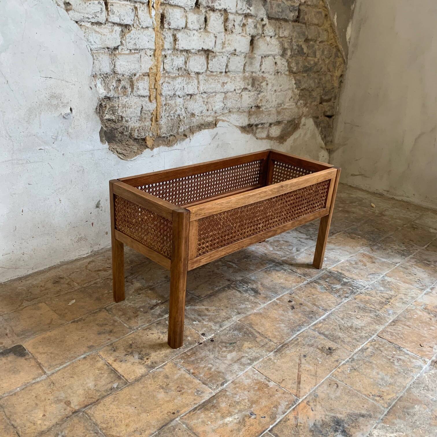 Vintage wooden and cane planter