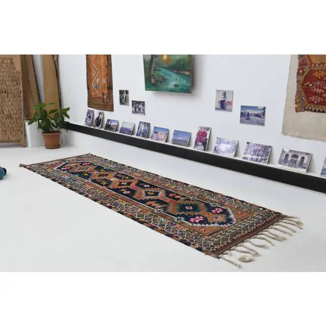 1970s Vintage Turkish Oushak Handmade Wool Cotton Brown Runner Rug 96x301