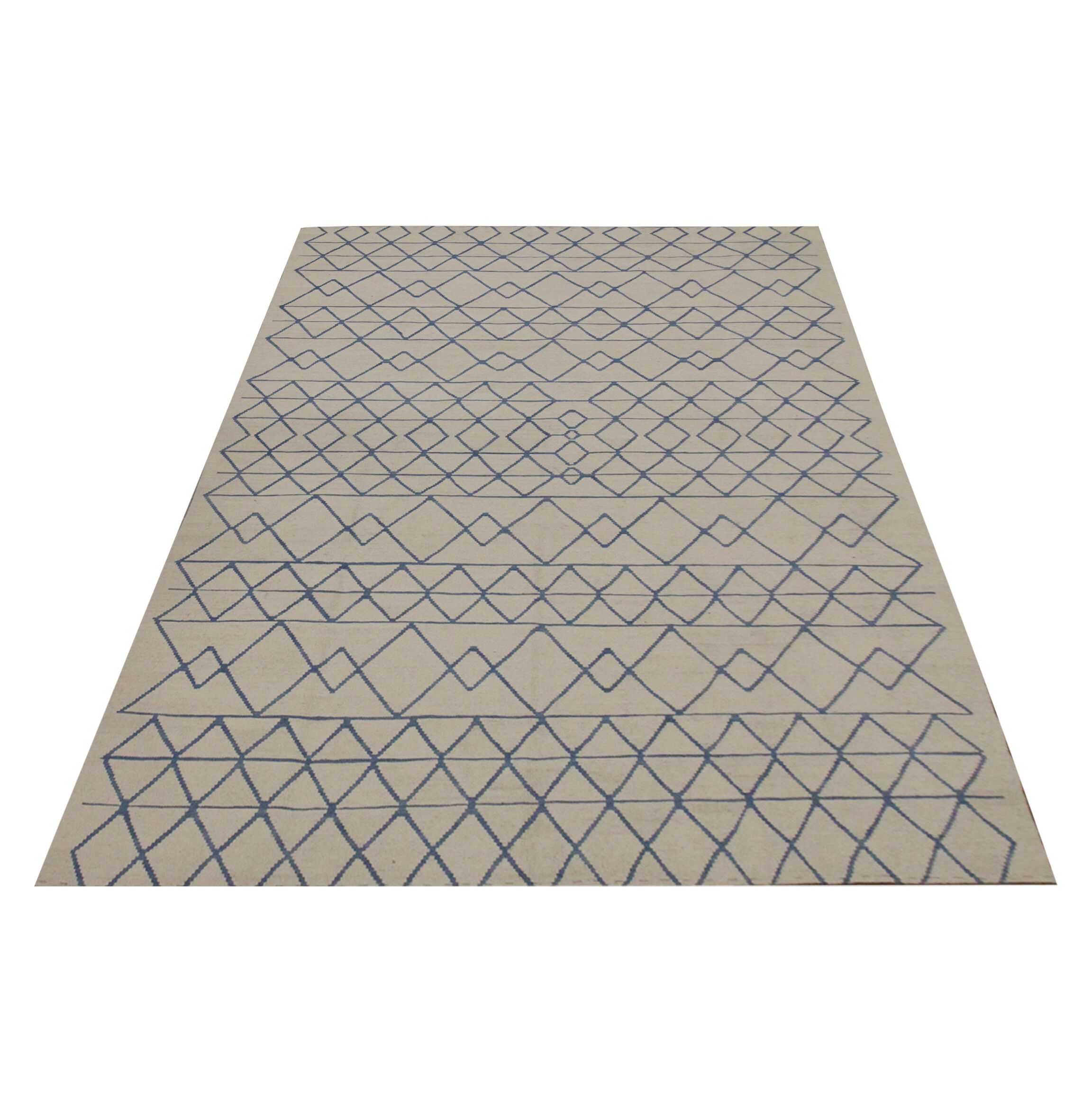 Blue cream wool afghan kilim modern scandinavian style flat-woven rug- 218x288cm