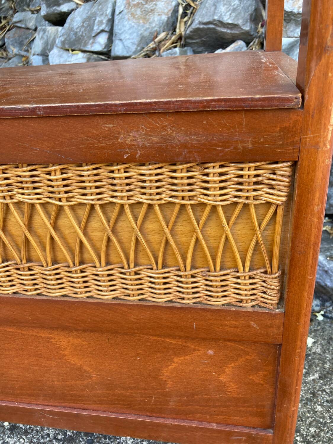 Vintage wood and rattan chest bench